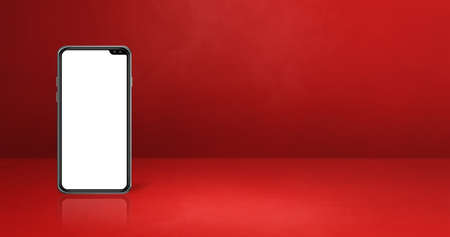 Mobile phone on red office desk. Horizontal background banner. 3D Illustrationの写真素材