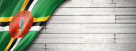 Dominica flag on old white wall. Horizontal panoramic banner.の写真素材