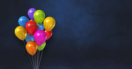 Colorful balloons bunch on a black wall background. Horizontal banner. 3D illustration renderの写真素材