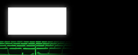 Cinema movie theatre with green velvet seats and a blank white screen. Copy space background. Horizontal bannerの写真素材
