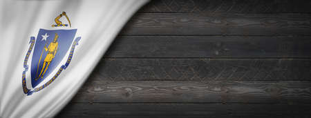 Massachusetts flag on black wood wall banner, USA. 3D illustration