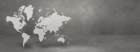 World map isolated on concrete wall background. 3D illustration. Horizontal bannerの写真素材