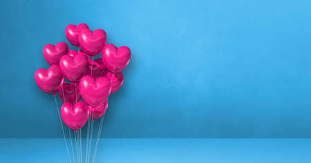 Pink heart shape balloons bunch on a blue wall background. Horizontal banner. 3D illustration renderの写真素材