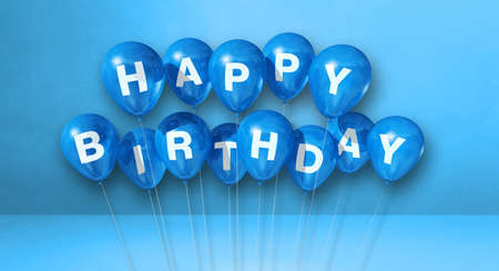Happy birthday air balloons on a blue background scene. Horizontal Banner. 3D illustration renderの写真素材