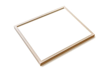 Wooden picture frame hanging on a white wall. Blank mockup template. Perspective view