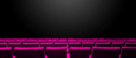 Cinema movie theatre with pink seats rows and a black copy space background. Horizontal bannerの写真素材