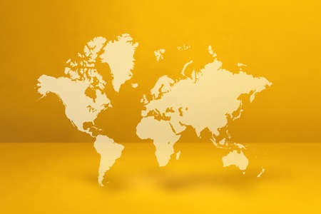 World map isolated on yellow wall background. 3D illustration
