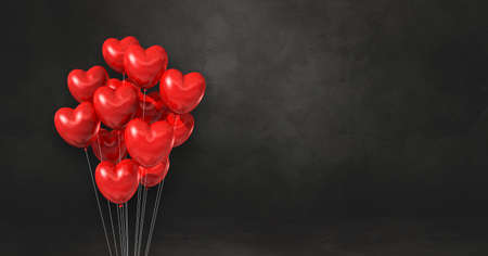 Red heart shape balloons bunch on a black wall background. Horizontal banner. 3D illustration renderの写真素材