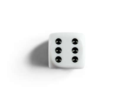 Number 6 on clean dice. Top view. White background. Isolated