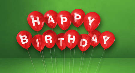 Red happy birthday air balloons on a green background scene. Horizontal Banner. 3D illustration renderの写真素材