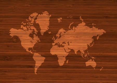 World map isolated on brown wooden wall backgroundの写真素材