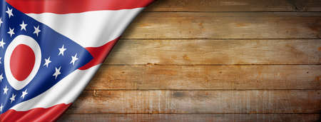 Ohio flag on old wood wall banner, USA. 3D illustrationの写真素材