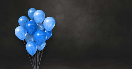 Blue balloons bunch on a black wall background. Horizontal banner. 3D illustration renderの写真素材