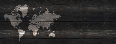 World map isolated on black wooden wall background. Horizontal bannerの写真素材