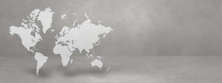 World map isolated on concrete wall background. 3D illustration. Horizontal bannerの写真素材