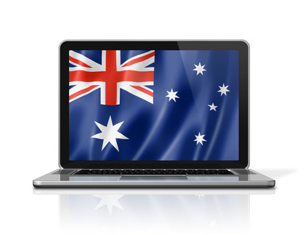 Australia flag on laptop screen isolated on white. 3D illustration render.の写真素材
