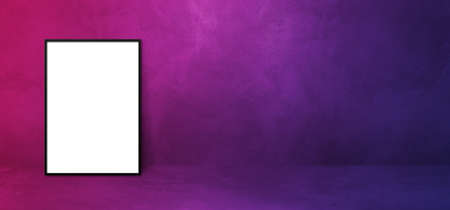 Black picture frame leaning on a purple wall. Blank mockup template. Horizontal banner