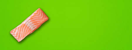 Salmon steak isolated on green background. Top view. Horizontal bannerの写真素材