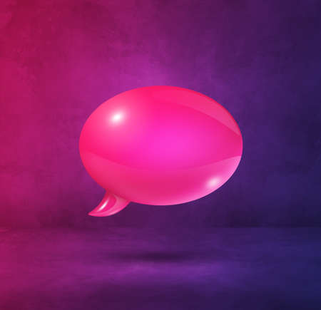 3D pink speech bubble isolated on purple square backgroundの写真素材