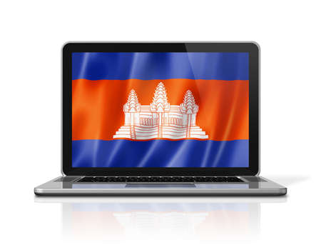 Cambodia flag on laptop screen isolated on white. 3D illustration render.の写真素材