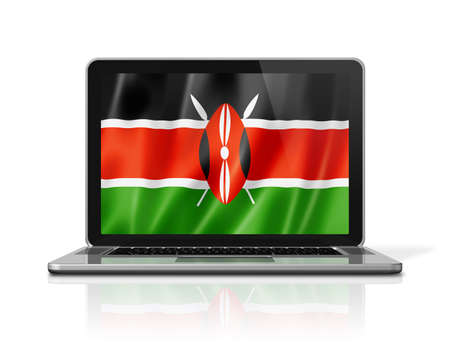 Kenya flag on laptop screen isolated on white. 3D illustration render.の写真素材