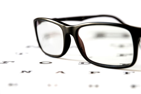 Glasses on eye chart. Optical device backgroundの写真素材