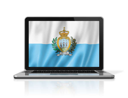 San Marino flag on laptop screen isolated on white. 3D illustration render.の写真素材