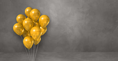 Yellow balloons bunch on a grey wall background. Horizontal banner. 3D illustration renderの写真素材