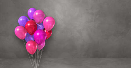 Pink balloons bunch on a grey wall background. Horizontal banner. 3D illustration renderの写真素材
