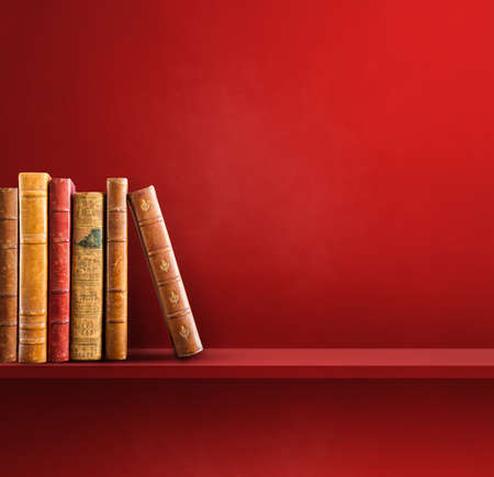 Row of old books on red shelf. Square scene backgroundの写真素材