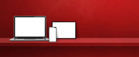 Laptop, mobile phone and digital tablet pc on red wall shelf. Banner background. 3D Illustrationの写真素材