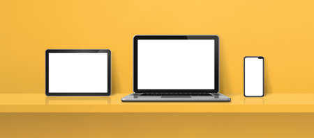 Laptop, mobile phone and digital tablet pc on yellow wall shelf. Banner background. 3D Illustrationの写真素材