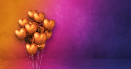 Copper heart shape balloons bunch on a rainbow wall background. Horizontal banner. 3D illustration renderの写真素材