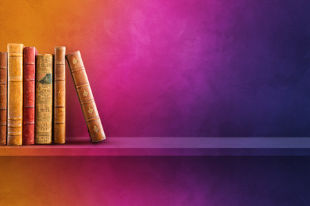 Row of old books on rainbow shelf. Horizontal background sceneの写真素材