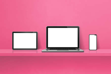 Laptop, mobile phone and digital tablet pc on pink wall shelf. Horizontal background. 3D Illustrationの写真素材