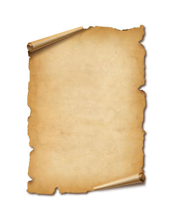 Old mediaeval paper sheet. Parchment scroll isolated on white background with shadowの写真素材