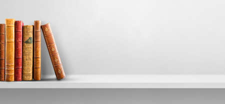 Row of old books on white shelf. Horizontal background bannerの写真素材