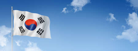 South Korea flag, three dimensional render, isolated on a blue sky. Horizontal banner. 3D illustrationの写真素材
