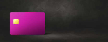 Pink credit card template on a black concrete background banner. 3D illustrationの写真素材