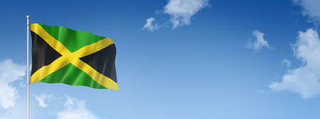 Jamaica flag, three dimensional render, isolated on a blue sky. Horizontal banner. 3D illustrationの写真素材