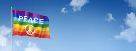 Rainbow peace flag, three dimensional render, isolated on a blue sky. Horizontal banner. 3D illustrationの写真素材