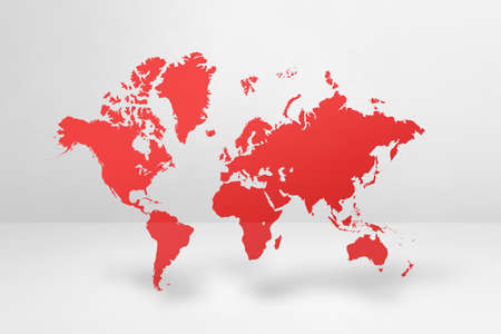 Red world map isolated on white wall background. 3D illustrationの写真素材