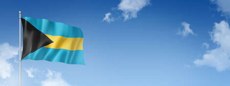 Bahamas flag, three dimensional render, isolated on a blue sky. Horizontal banner. 3D illustrationの写真素材