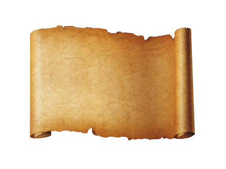 Old mediaeval paper sheet. Horizontal parchment scroll isolated on white backgroundの写真素材