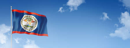 Belize flag, three dimensional render, isolated on a blue sky. Horizontal banner. 3D illustration