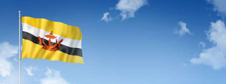 Brunei flag, three dimensional render, isolated on a blue sky. Horizontal banner. 3D illustrationの写真素材