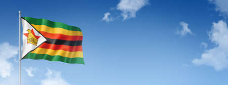 Zimbabwe flag, three dimensional render, isolated on a blue sky. Horizontal banner. 3D illustrationの写真素材