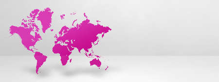 Purple world map isolated on white wall background. 3D illustration. Horizontal bannerの写真素材