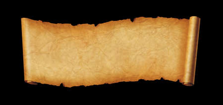 Old paper horizontal banner. Parchment scroll isolated on black backgroundの写真素材