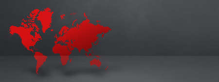 Red world map isolated on black concrete wall background. 3D illustration. Horizontal bannerの写真素材